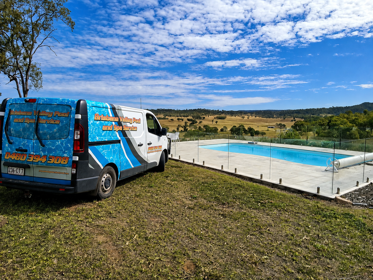 Brisbane Valley Pool and Spa Service work van beside a pool